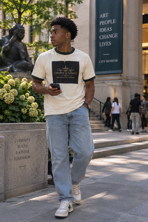 A man walking outdoors on a city sidewalk wearing a cream graphic t-shirt with green trim, light blue jeans, and white sneakers. The t-shirt features a black graphic print on the front with the text "Crown & Grace".
